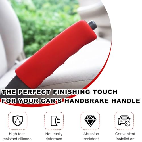 Car Handbrake Cover, Anti-Slip Silicone Auto Hand Brake Comfortable Handle Grip Cover, Waved Shaped Parking Brake Lever Decorative Protector for Truck SUV, Car Accessories (Red)