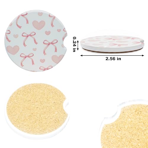 Ceramic Car Coasters, 2 Pack, 2.64" Absorbent Car Cup Holder Coasters, Cute Ceramic Car Coasters for Women, Heart Bow Pattern - color: Heart Bow