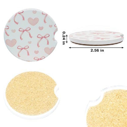 Ceramic Car Coasters, 2 Pack, 2.64" Absorbent Car Cup Holder Coasters, Cute Ceramic Car Coasters for Women, Heart Bow Pattern - color: Heart Bow