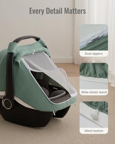 Blissful Diary Baby Car Seat Cover, Extra Large Mesh Window, Breathable Muslin Cotton, Infant Windproof Canopy, Must-Have Baby Gift - Roman Green - color: Roman Green