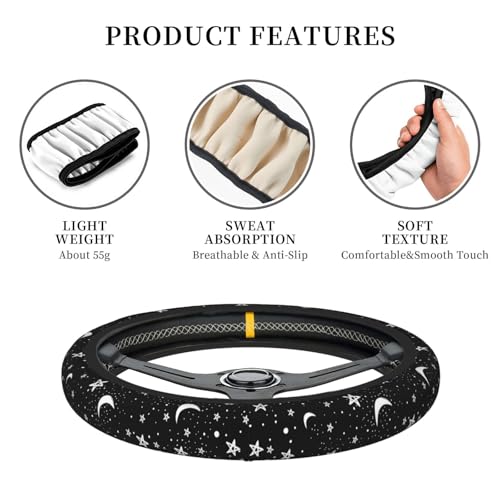 Black White Moon Star Neoprene Steering Wheel Cover Anti-Slip Elastic Moon Steering Wheel Protective Cover 15in Universal Car Accessories Fit Cars, SUVs, Auto - color: Moon And Star