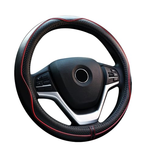 Valleycomfy Steering Wheel Covers Universal 15 inch - Genuine Leather, Breathable, Anti Slip & Odor Free (Black with Red Lines, M(14" 1/2-15" 1/4)) - color: Black with Red Lines, size: M(14"1/2-15"1/4)