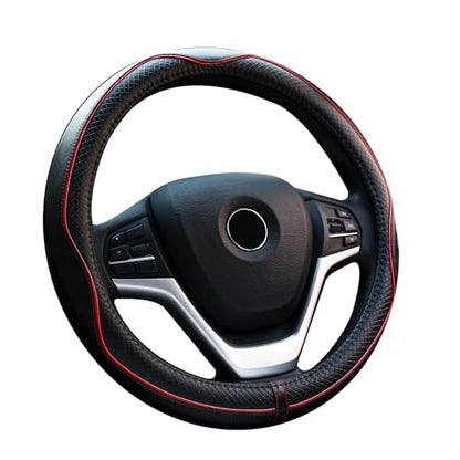 Valleycomfy Steering Wheel Covers Universal 15 inch - Genuine Leather, Breathable, Anti Slip & Odor Free (Black with Red Lines, M(14" 1/2-15" 1/4)) - color: Black with Red Lines, size: M(14"1/2-15"1/4)