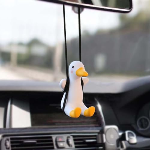 Cute Swinging Duck Car Hanging Ornament,Rear View Mirror Hanging Accessories,Funny Car Interior Decor Gifts for Women Men - color: White