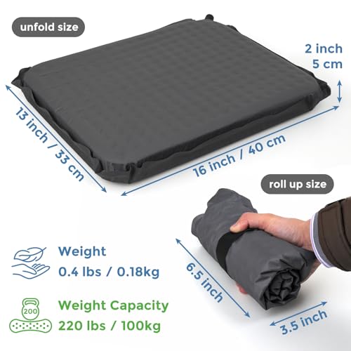 2-Pack Self-Inflating Seat Cushion, 16x13 inches Portable Foam Sit Pad with Adjustable Firmness for Airplane Travel, Long Flights, Stadium Bleachers, Hiking, Camping & Office Chairs - Gray