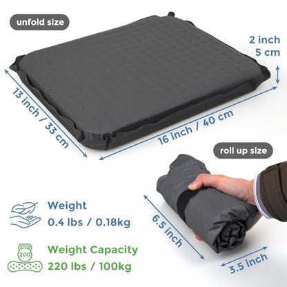 2-Pack Self-Inflating Seat Cushion, 16x13 inches Portable Foam Sit Pad with Adjustable Firmness for Airplane Travel, Long Flights, Stadium Bleachers, Hiking, Camping & Office Chairs - Gray