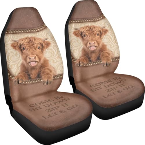 2 Pieces Car Front Seat Covers Highland Cow Print Auto Seat Protector for Cars Front Seats High Back Seats Cover for SUV, Universal Fits, Brown - color: Brown - Highland Cow