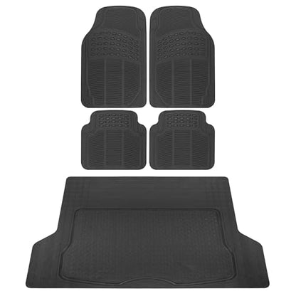 BDK OF-554 Rubber Car Floor Mats, Universal Front & Rear Combo Set with Trunk Cargo Mat Liner for Car Sedan SUV Van, Heavy Duty All Weather Trim to Fit - color: Black
