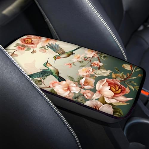 UNICEU Spring Flower Hummingbird Car Center Console Armrest Cushion Cover Universal Fit Non Slip Armrest Box Cushion Pad Armrest Cover - color: Spring Flower Hummingbird
