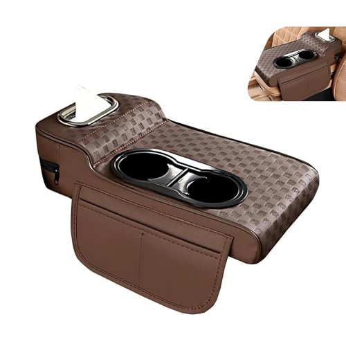 Car Armrest Cushion, Classic Grid Pattern Car Center Console Cover Pad, Waterproof 4-in-1 Armrest Cover with Tissue Box, Cup Holder, 2 Storage Bags, Universal for Most Cars (Coffee) - color: Coffee