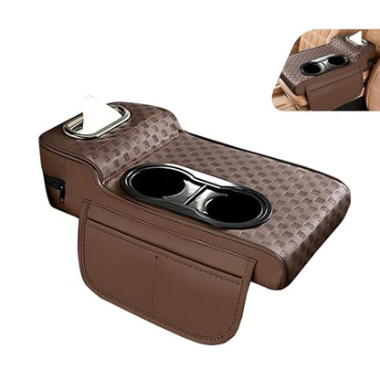 Car Armrest Cushion, Classic Grid Pattern Car Center Console Cover Pad, Waterproof 4-in-1 Armrest Cover with Tissue Box, Cup Holder, 2 Storage Bags, Universal for Most Cars (Coffee) - color: Coffee