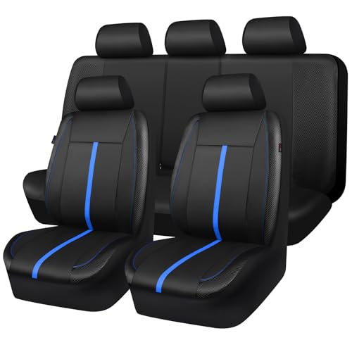 Leather Car Seat Covers Black Blue, Sporty Carbon Fiber Leather Full Set Waterproof Auto Seat Covers, Airbag Compatible, Universal Fit for SUV,Sedans,Vans,Pickup, Full Set, Black Blue