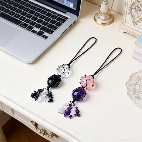 2PCS Natural Crystal Decorative Stone Car Hangings for Good Luck, Protection, Positive Energy, with Stone Chips Fringe, Car Rearview Mirrors and Home Decor Hanging Ornaments
