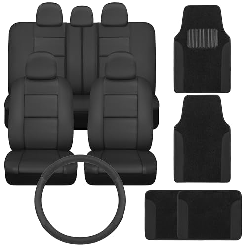 PU Leather Car Seat Covers w/Two-Tone Carpet/Vinyl Trim Car Floor Mats – Front and Back Split Bench Seat Covers, Steering Wheel Cover, Floor Mats for Cars Trucks Vans and SUVs (Black) - color: Black