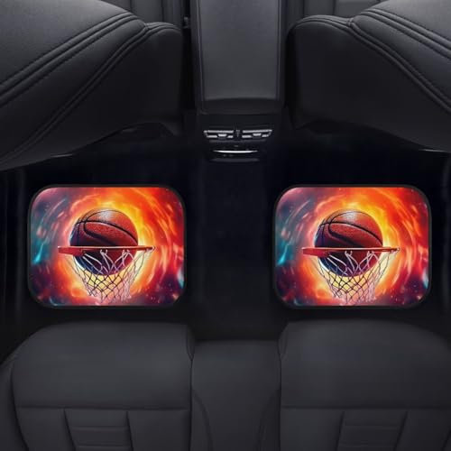 Basketball Print Car Floor Mats Set of 4 Abstract Fire Sports Ball Universal Vehicle Floor Carpet Decorative Auto Front Rear Foot Rugs for Trucks SUV Sedan