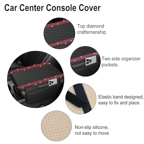NBTEPEM Bling Car Center Console Cover, Leather Car Arm Rest Cover Cushion with 2 Storage Bags, Universal Automotive Armrest Protector Storage Box, Bling Accessories Interior for Most Vehicles (Red)