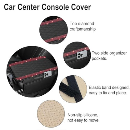 NBTEPEM Bling Car Center Console Cover, Leather Car Arm Rest Cover Cushion with 2 Storage Bags, Universal Automotive Armrest Protector Storage Box, Bling Accessories Interior for Most Vehicles (Red)