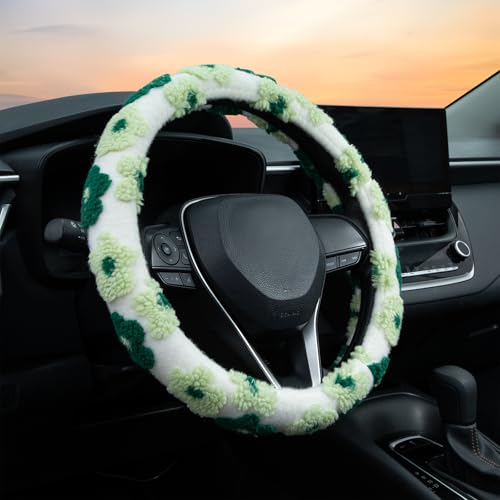 Green Plush Flowers Steering Wheel Cover Auto Jacquard Steering Wheel Protector, Anti-Slip, Breathable, Absorbing Sweat, Universal Car Accessories 14.5–15 inch,Fit for Most Car, Trucks, SUV - style: Green Plush Flowers