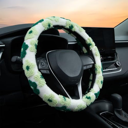 Green Plush Flowers Steering Wheel Cover Auto Jacquard Steering Wheel Protector, Anti-Slip, Breathable, Absorbing Sweat, Universal Car Accessories 14.5–15 inch,Fit for Most Car, Trucks, SUV - style: Green Plush Flowers