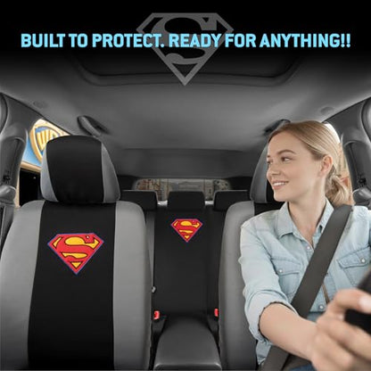 BDK Warner Brothers DC Superman Front & Rear Car Seat Covers Full Set - Easy to Install Durable & Polyester Car Seat Cover - All Vehicles Airbag Compatible Universal Car Accessories (Black & Gray) - size: Full Set, style: Superman