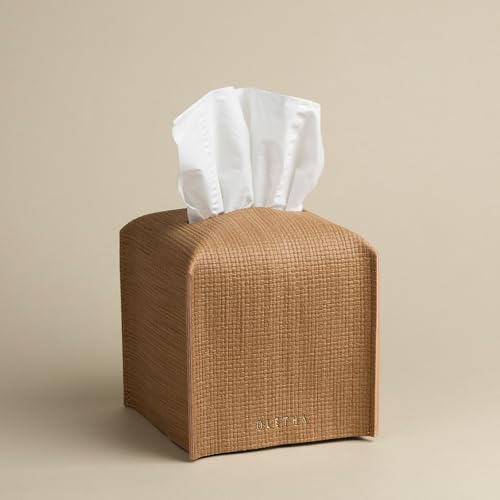 OLETHA Square Tissue Box Cover - Aesthetic Desk Decor for Room, Home & Office - Tissues Cube Boxes Holder - Raffia Embossing, Wheat - color: Raffia Embossing, Wheat
