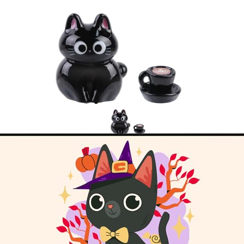 Cute Black Cat Coffee Phone Buddy - 2PCS Resin Mini Figurines, Adhesive Peel-and-Stick Decor for Kindle Cellphone Car Dashboard, Office Desk, Fun Tiny Critters Accessories - style: Black Cat Coffee