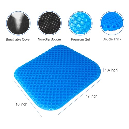 Large Gel Seat Cushion for Long Sitting with Non-Slip Cover - 18 x 17 Inches, Soft & Breathable, Gel Chair Cushion for Wheelchair, Car, Desk, Home, Hip Pain, Office Chair