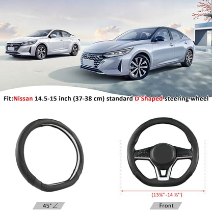 Flat Bottom Car Steering Wheel Cover for Nissan,D Shaped Steering Wheel Cover for Rogue,Altima,Kicks (Black-Standard Size)
