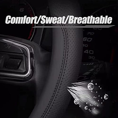 Carodi Latest Nappa Leather car Steering Wheel Cover, Stylish Non-Slip Leather car Interior 15 inches Universal（Black） - color: Black