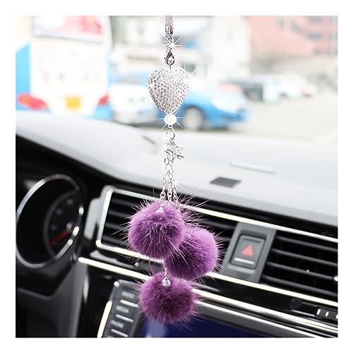 Ziciner Bling Diamond Heart Car Interior Accessories, Car Mirror Hanging Ornament for Women, Love Heart & Pink Plush Ball Decor Ornament Pendant (Eggplant Purple) - color: Eggplant Purple