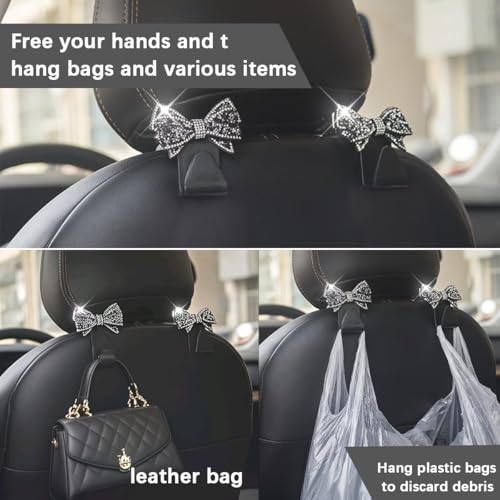 Bling Car Headreat Hook, 2PCS Crystal Rhinestone Cute Bow Vehicle Seat Back Hanger Storage for Purses Bags Grocery, Diamond Auto Rear Seat Organizer, Universal for SUV Truck Sedan (Black) - style: Black/2PCS