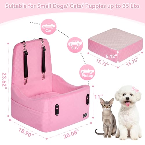 PETSFIT Dog Car Seat for Small/Medium Dogs Up to 35 lbs – Patented Safety System, 5" Memory Foam Pet Booster Car Seat, Fully Detachable and Washable Dog Carseat with 2 Storage Pockets (Pink) - color: Pink