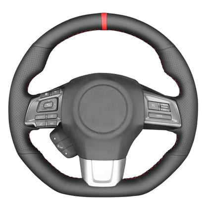 MEWANT Black Leather Steering Wheel Cover for Subaru WRX 2015-2019 / Levorg 2015-2019/ Made of Microfiber Leather/WRX (STI) Steering Wheel Cover - color: style-06: microfiber leather + red thread