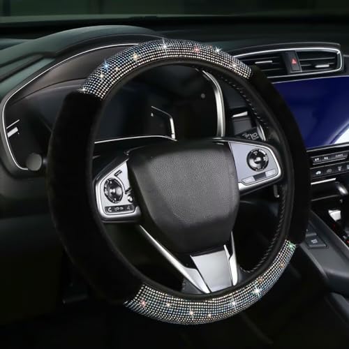 Bling Fluffy Steering Wheel Cover for Women Girls, Rhinestone Diamond Sparkling Fur Steering Wheel Protector Elastic Steering Wheel Covers Winter Warm Universal Fit 14-15 inches -Black - color: Black02