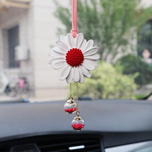 Daisy Car Hanging Ornaments for Women Girls Cute Sunflower Car Rear View Mirror Hanging Charms Automotive Interior Aesthetic Decoration Accessories Gift (White & Red) - color: White & Red