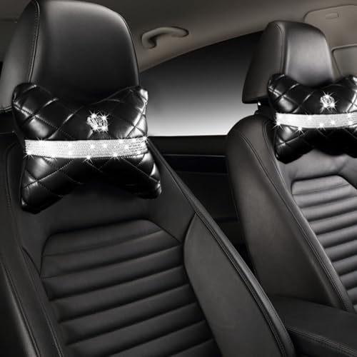 Dotesy 2 Packs Car Headrest Pillow Black Sparkly Rhinestone Accessories for Women Leather Seat Neck Support Pillow for Travel Driver Chair Head Rest - color: Black
