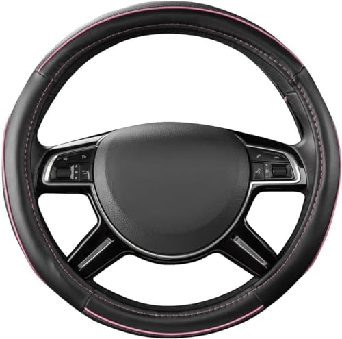 CAR Pass Colour Piping Leather Universal Fit Steering Wheel Cover, Perfectly fit for 14.5-15 inches Suvs, Vans, Trucks, Sedans, Cars (Black&Pink) - color: Black&Pink
