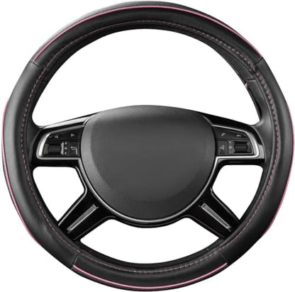 CAR Pass Colour Piping Leather Universal Fit Steering Wheel Cover, Perfectly fit for 14.5-15 inches Suvs, Vans, Trucks, Sedans, Cars (Black&Pink) - color: Black&Pink