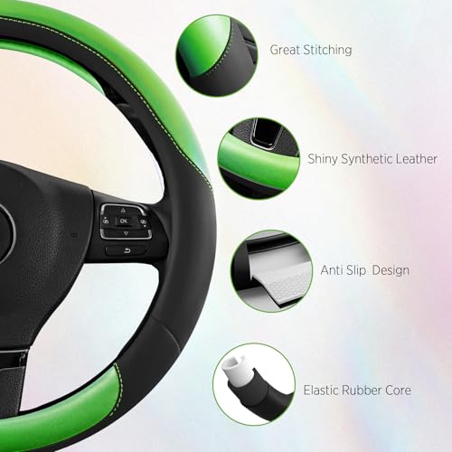 Road Comforts Steering Wheel Cover – Breathable Leather Steering Wheel Cover, Anti-Slip Grip, Universal Fit 14.5” to 15”, Heat & Cold Resistant for Cars, SUVs, and Trucks – Black & Shining Green - color: Black&Green