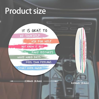 2 Pcs Encouraging Words Car Coasters,Ceramic Cup Holder Coasters with a Finger Notch,2.56" Ceramic Stone & Non-Scratch Cork Base,Car Accessories for Women&Man.