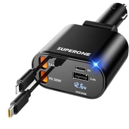 [Upgraded] SUPERONE Retractable Car Charger 4 in 1, Fast Car Phone Charger with Cord 2.6ft, USB C and Apple Car Adapter, Compatible with iPhone 17 16 15/15 Pro Max/14/13/12/11, Galaxy, Pixel