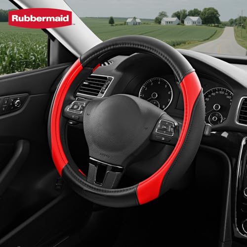 Rubbermaid Steering Wheel Cover – Universal Fit 14.5"–15" Steering Wheel Cover, Anti-Slip Grip, Breathable Leather, All-Season Protection, Interior Upgrade for Cars, Trucks, SUVs - Red - color: Red