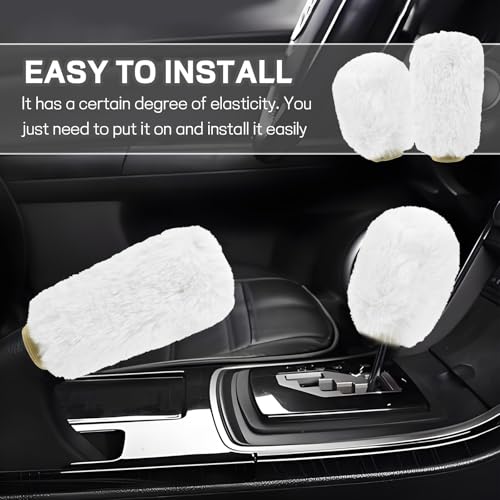 Hovom 2PCS Fluffy Car Gear Shift Knob Cover & Handbrake Cover, Soft Plush Hand Brake Handle & Gear Shift Cover for Women Girls, Universal Comfortable Warm Furry Car Accessories (White) - color: White