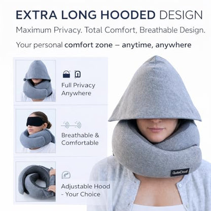 Travel Neck Pillow Hooded Memory Foam 360° Head & Chin Support, Lightweight Breathable Adjustable Fit Travel Neck Pillow with Eye Mask, Earplugs & Carry Bag for Airplanes, Car, Bus, Train & Long Trips