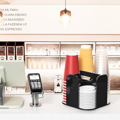 4-Compartment Countertop Cup Dispenser - Black Acrylic Cup and Lid Carousel Coffee Bar Accessories Rotating Beverage Cup Holder Disposable Paper Cup Organizer for Restaurant Kitchen Breakroom - color: Black