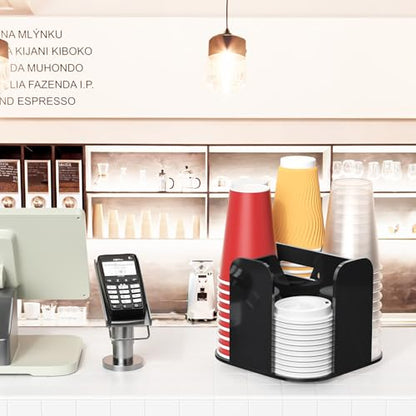 4-Compartment Countertop Cup Dispenser - Black Acrylic Cup and Lid Carousel Coffee Bar Accessories Rotating Beverage Cup Holder Disposable Paper Cup Organizer for Restaurant Kitchen Breakroom - color: Black