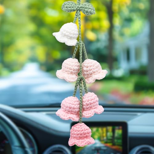 Car Mirror Hanging Accessories, Cute Bellflower Hand Knitted Car Pendant for Women Crochet Rearview Mirror Accessories(1 PCS, White & Gradient Pink) - color: White & Gradient Pink-6