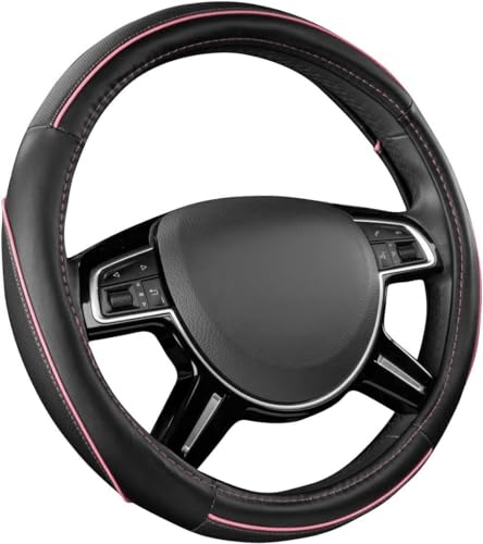 CAR Pass Colour Piping Leather Universal Fit Steering Wheel Cover, Perfectly fit for 14.5-15 inches Suvs, Vans, Trucks, Sedans, Cars (Black&Pink) - color: Black&Pink