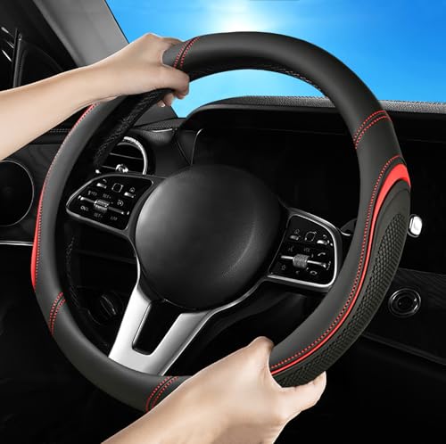 Leather Splicing Black Red Car Steering Wheel Cover,14.5-15 Inch Universal Microfiber Leather Covers Breathable Anti-Slip Odorless Steering Wheels Accessories for Men Women - color: Leather Splicing - Black and Red