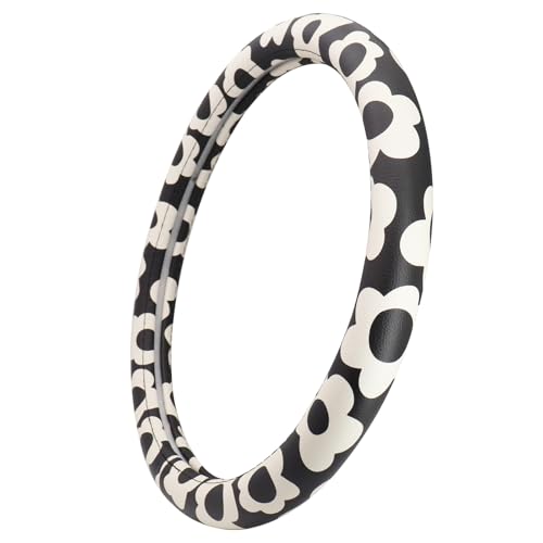 Microfiber Leather Steering Wheel Cover 14.5-15 inch, Black Floral Design, Anti-Slip Rubber Inner, Universal Fit for Cars, Trucks, SUVs (Black) - color: Black